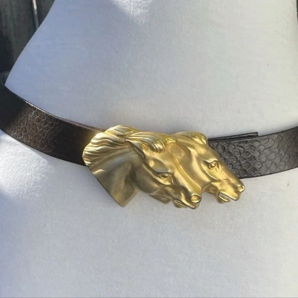 Vtg Doreen Ryan Belt Buckle Gold Double Horses Stallion Heads Equestrian Western